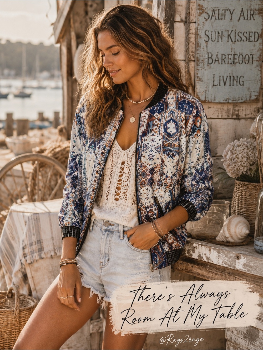 KAS New York Boho Print Bomber Jacket Medium Blue Cotton Zip Jacket